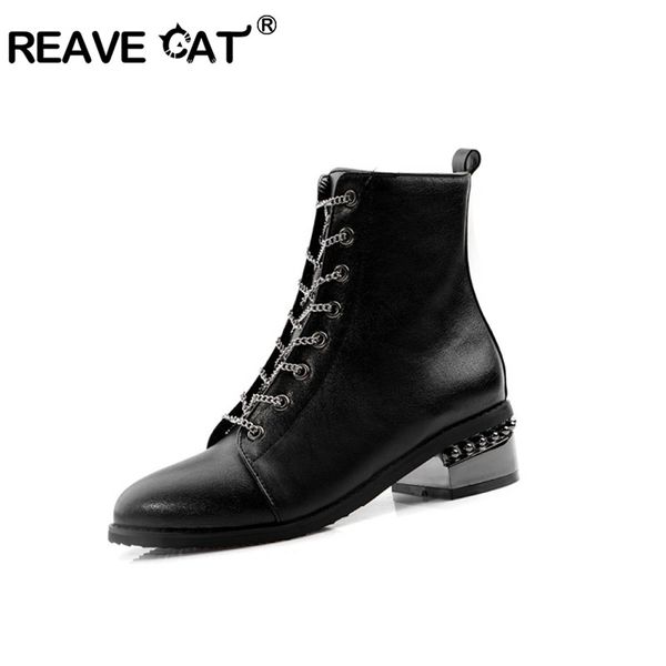 

reave cat autumn winter women motorcycle boots med block heels lace up shoes comfortable ankle booties chains strap size 48, Black