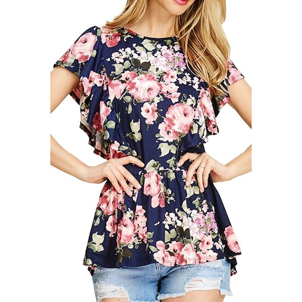 

2019 fashion trend new high-end women casual floral printed ruffled layered sleeve t-shirt tunics trend, White