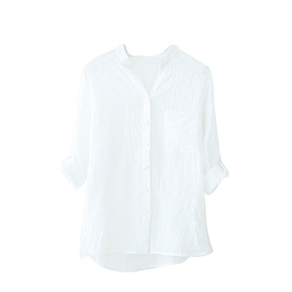 

summer women three quarter sleeve shirt button pocket solid color stand collar blouse, White