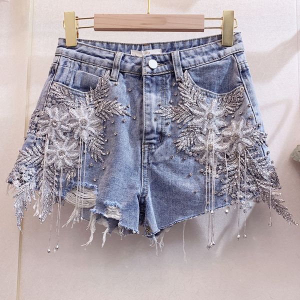 

super beautiful lace flower beaded tassels hole denim shorts european american fashion burr pants club clothing jean shorts, Blue