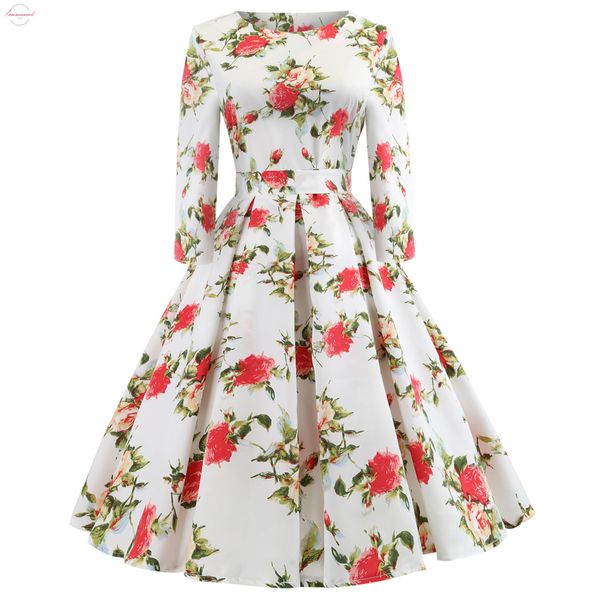 

robe vintage pin up dress autumn women 2020 o neck floral print knee length rockabilly party dresses swing christmas vestido, Black;gray