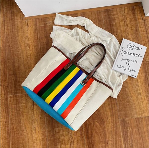 

rainbow stripe canvas bag tote bag large capacity handbag ph-cfy2003193//