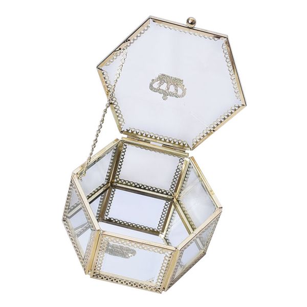 

gold royal crown transparent glass hexagonal jewelry earring ring holder box, Black;white