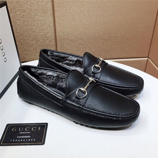 

winter peas shoes men's wool integrated leather luxury men's casual frosted leather one pedal driving shoes men 38-44, Black