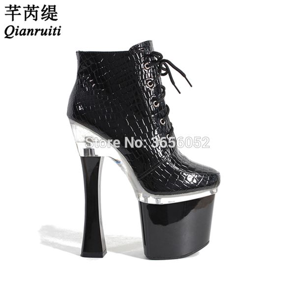 

qianruiti fetish runway ladies dance shoes black white red patent leather 18cm super high heels women platform short boots