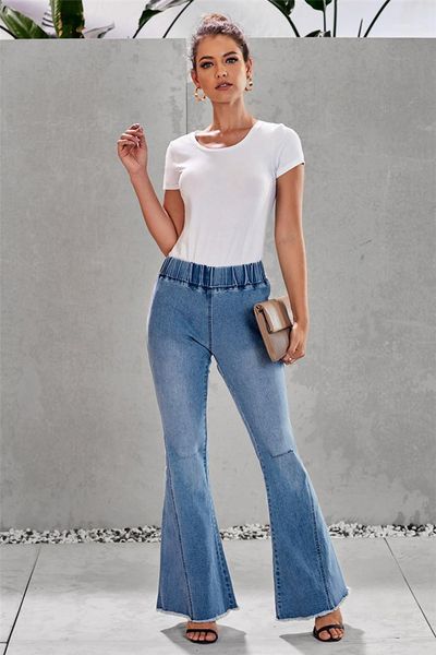 

waist light washed denim pants females stres style jean womens bootcut slim hole jeans spring summer designer high, Blue