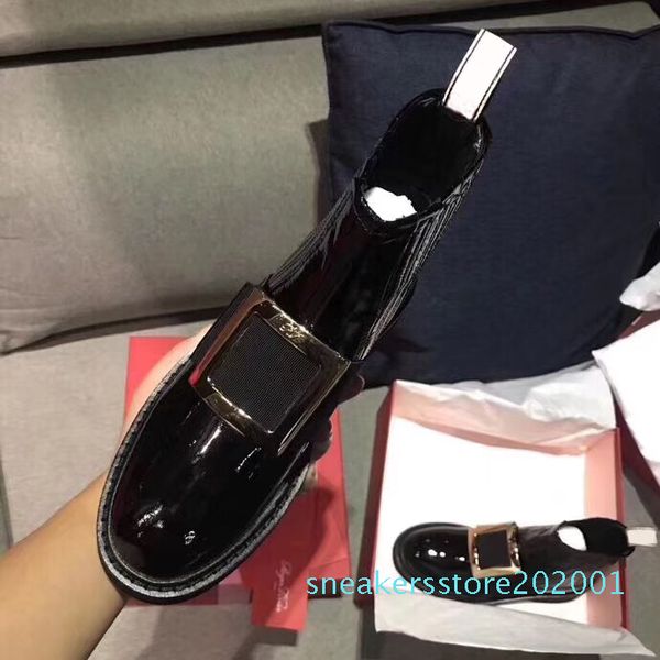 

high women ankle boots designer metal buckle women flat boots black patent leather slip-on ladies winter boots in 3.5cm heels s01