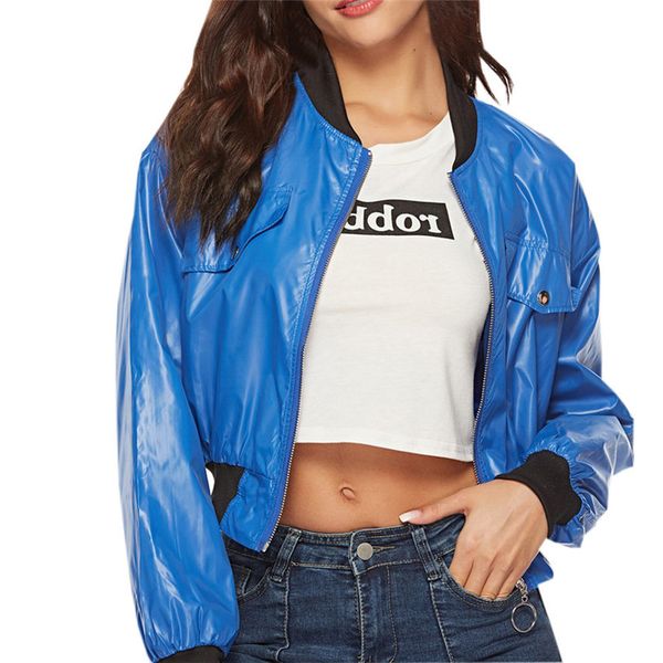 

fashion women short stand collar long sleeves casual leather baseball jersey zipper overcoat outwear feminine jackets blue fd, Black;brown
