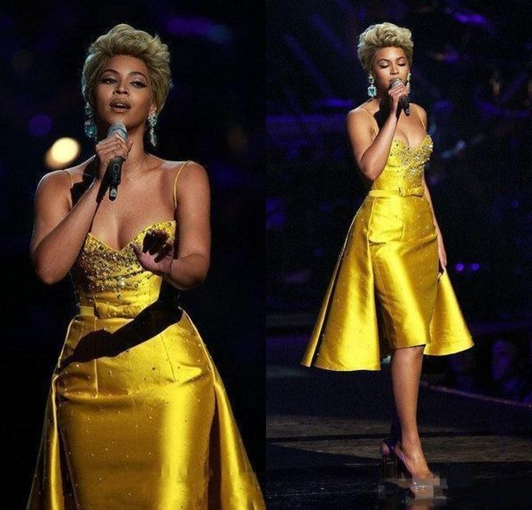 

Yellow Beaded Prom Dresses Short With Overskirt 2019 Beyonce Knowles Straps Knee Length Cocktail Party Dress Sweetheart Evening Gowns