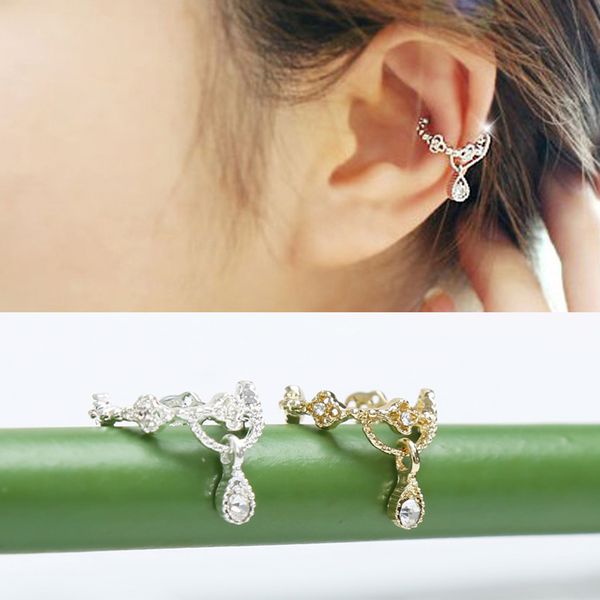 

temperament elegant women cystal rhinestone hollow pattern ear clip fashion tears silver color clip earrings