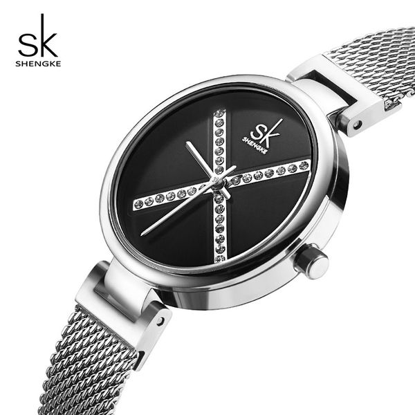 

shengke women's quartz watch new stylish cross crystal dial bracelet watches quartz clock watches for femme hours, Slivery;brown