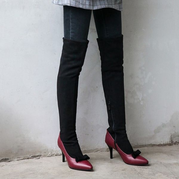 

pxelena patchwork ladies thigh high boots women shoes stiletto high heels bow tie party dress over the knee boots, Black