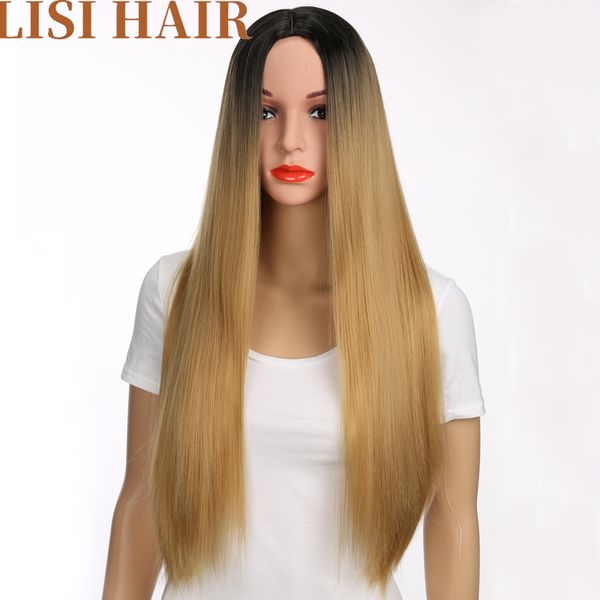 

lisihair black ombre blonde wig long straight wigs 24inches synthetic wigs for women black fiber wig