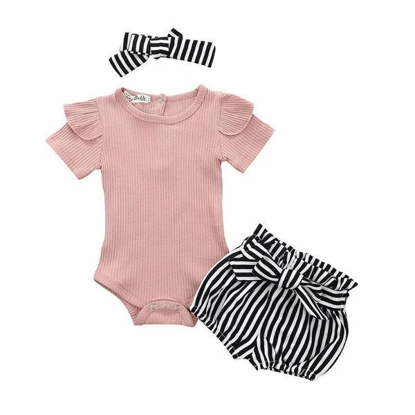 

3шт новорожденных baby girl одежда summer infant младенца с коротким рукавом твердые romper комбинезон bowknot нашивки шорты комплекты bebek, White