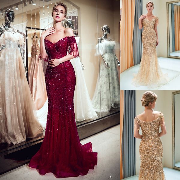 

2018 sequins mermaid evening dresses off shoulder tassels sweep train tulle prom party ball gown 100% real image cps1180, Black;red