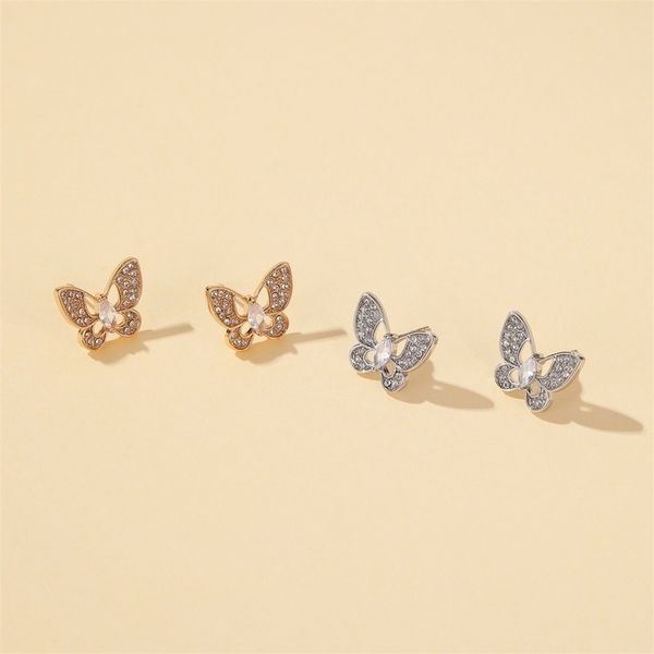 

stud earring women simple hollow out butterfly rhinestone earrings geometric ladies fashion jewelry korean trendy alloy kolczyki, Golden;silver
