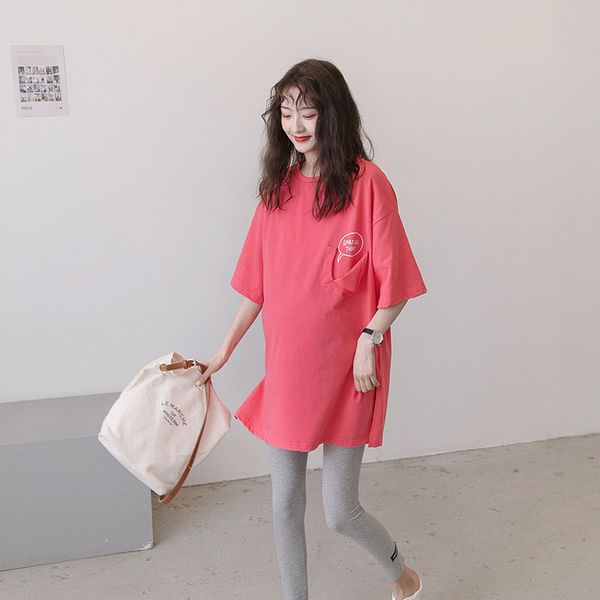 

summer maternity solid color dresses long t-shirt lovely pocket 100%cotton tshirt pregnancy fashion pregnant women loose clothes, White