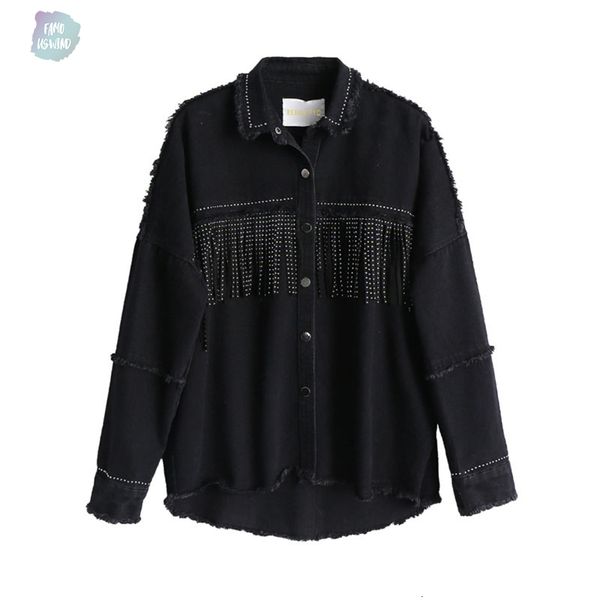 

женщины black denim куртка высокого качества сыпучие пальто sequined кисточки streetwear streetwear все match mental покрытый кнопка верхняя, Black;brown