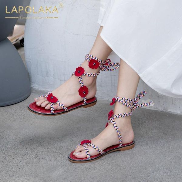 

lapolaka новый дизайн 2020 высокое качество лето сандалии женская обувь цветы lace-up mix цвет удобную обувь женщины сандалии, Black