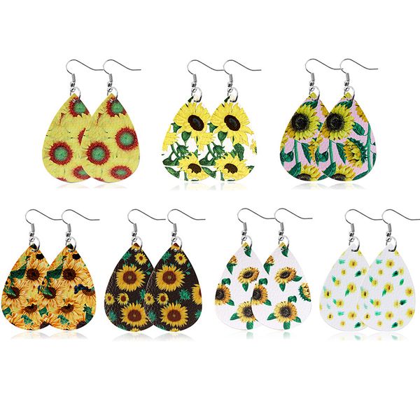 

chic подсолнечника pattern кожа pu серьги мотаться двусторонний водослива цветок серьги крюк уха teardrop eardrop женщин дизайнер ювелирных, Silver