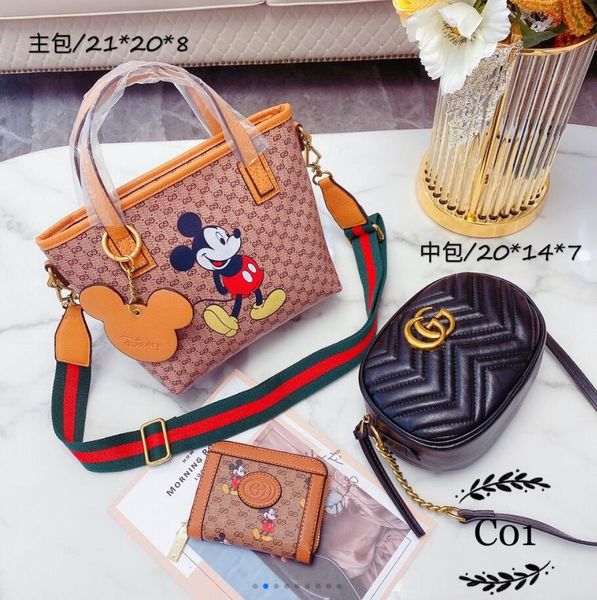 

2020 ladies shoulder bag fashion messenger bag backpack women's classic leather handbag three-piece cartoon wallet
