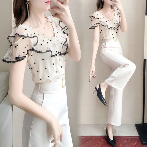 

goddess women's summer suit polka dot two piece set pants set ensemble femme deux pieces women clothes 2020 woman suit, White