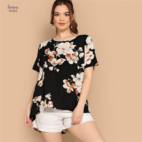 

blouse black boho floral print asymmetrical hem short sleeve summer plus size blouses 2019 bohemian women vacation, White