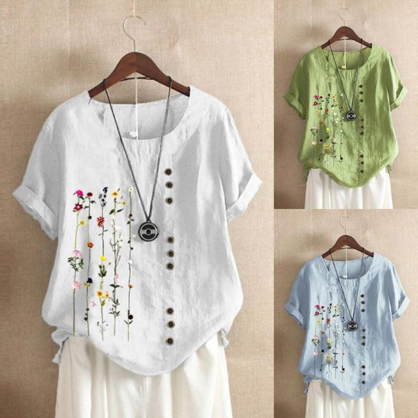 

plus size women bohemian floral embroidered shirt short sleeves top, White
