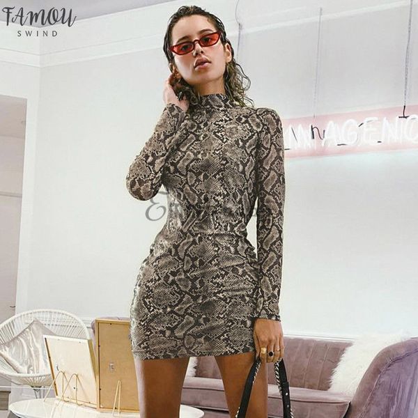 

2020 new women snakeskin print mini dress long sleeve turtleneck bodycon ladies club short dress autumn summer clothes, Black;gray