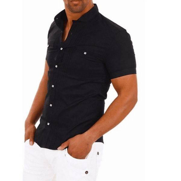 

monerffi brand men short sleeve shirt slim black white shirt stand collar patchwork casual business 2019 men summer top, White;black