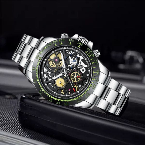 

watch automatic stainless brand mechanical black fashion all date male men chronograph tevise dial men wristwatch steel clock xivef, Slivery;brown