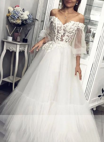 

romantic off shoulder wedding dress boho style tulle bridal dress plus size a line wedding dresses custom made, White
