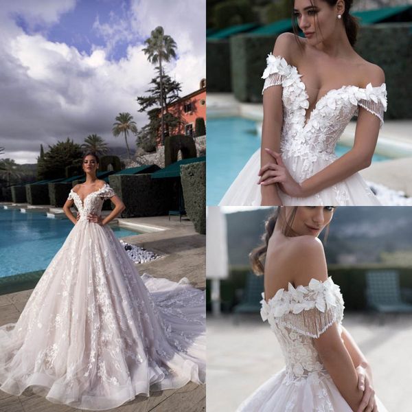 

2020 a line vestidos de novia applique pearls tassel wedding dresses elegant sweep train wedding dresses, White