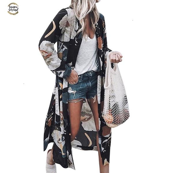 

women summer chiffon kimono cardigan long sleeve floral long print blouses loose boho blusa shirts plus size shirt 2019, White