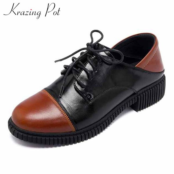 

krazing pot mixed colors cow leather casual shoes round toe low heels women preppy style lace up fashion streetwear pumps l8f1, Black