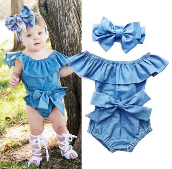

us stock blue baby girls born bodysuit clothes solid color bow knot belt ruffles jumpsuit high waist sleeveless summer
