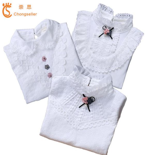

2018 kids white cotton shirts for girl long sleeve lace girls blouses spring autumn children school uniforms students, White;black