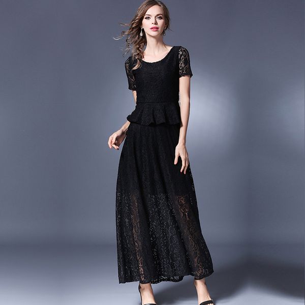 

two peices set 2019 elegant women lon sundress and skirt party maxi dresses lace vestido summer hollow out boho dress, White