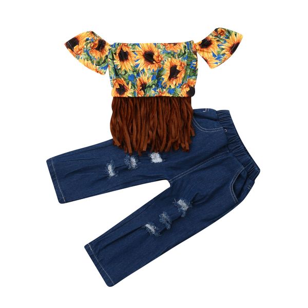 

2pcs new summer toddler baby girl clothes kids baby girl clothes summer sunflower crop denim pants jeans outfits suit