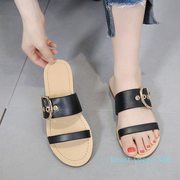 

flat bottom slippers female summer belt buckle towing students anti-skid non-slippery beach cool slippers shoes women b35, Black