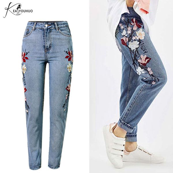 

2019 vintage casual female boyfriend jeans for women embroidery straight mom jeans high waist push up denim skinny woman, Blue