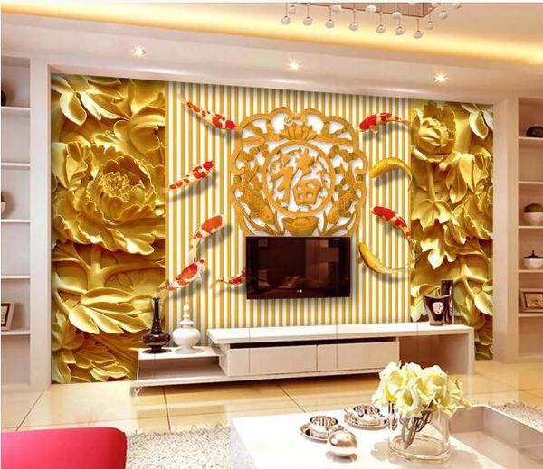 

custom 3d wallpaper silk cloth waterproof canvas murals wall painting woodcarving peony is rich and rich, stereo tv backgrou mural wallpaper