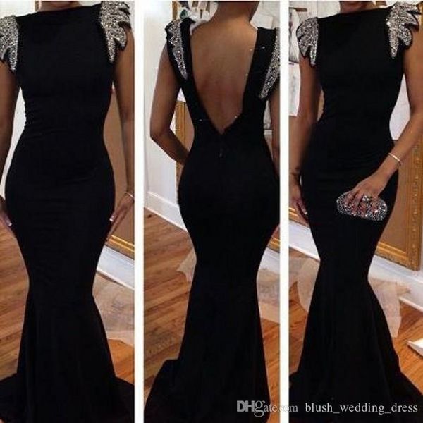 

black mermaid evening dresses capped sequins beads backless prom cocktail dress long bateau pageant backless african party formal gowns, Black;red