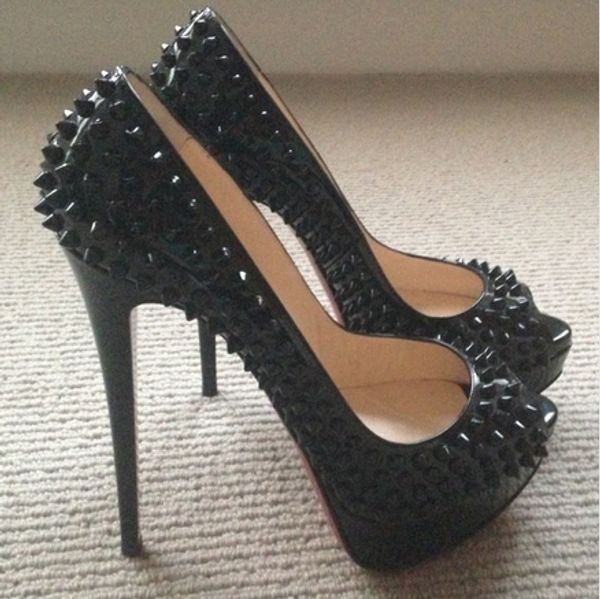 

14cm designer ladies spikes studded red bottom pumps high heels luxury platform black genuine leather dress wedding shoes for womens