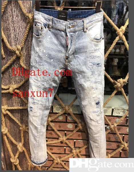 

19 season new men s jeans d2 slim feet micro-explosive locomotive stereo stitching chaos line patch tattered, Blue