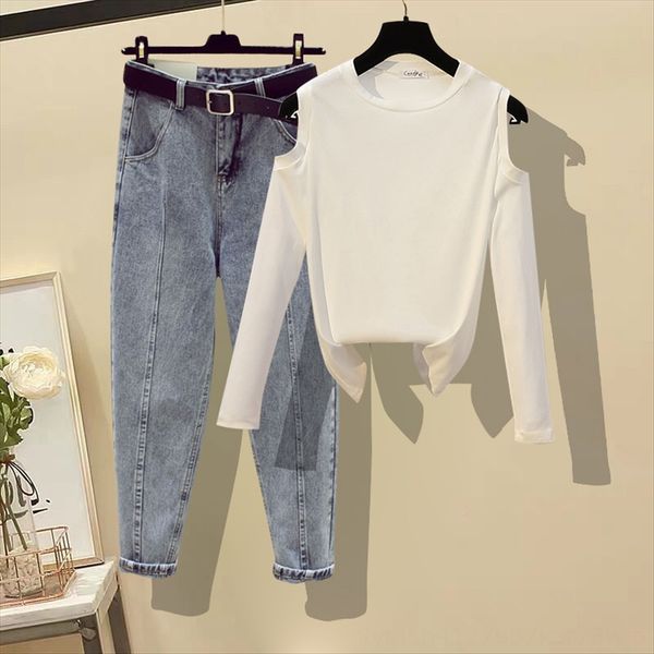 

autumn dew shoulder long sleeve t- women's loose base large size women's straight tube loose slim two-piece suit shirt jeans t-shi, White
