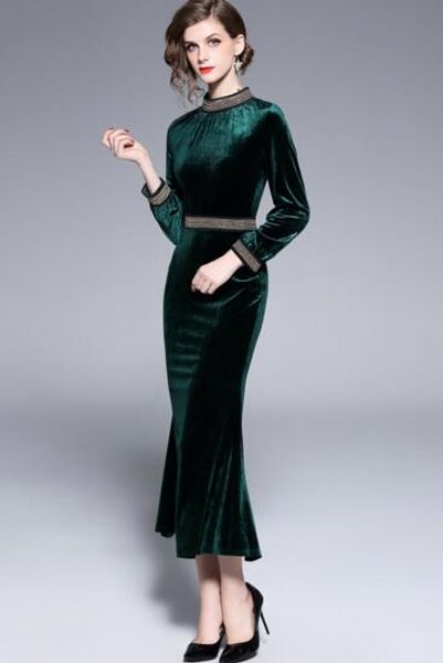 

autumn and winter new fashion beaded slim bag hip thin velvet dress, Black;gray