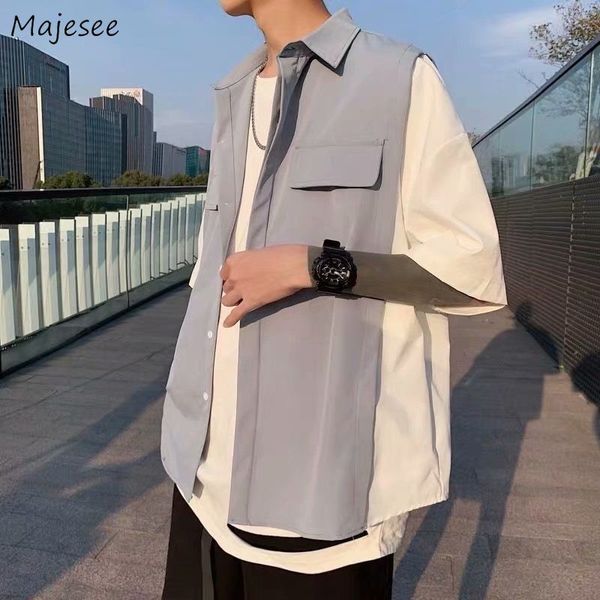 

men shirts patchwork fake 2 pieces casual loose single breasted streetwear hip-hop harajuku chic mens trendy all-match new, White;black