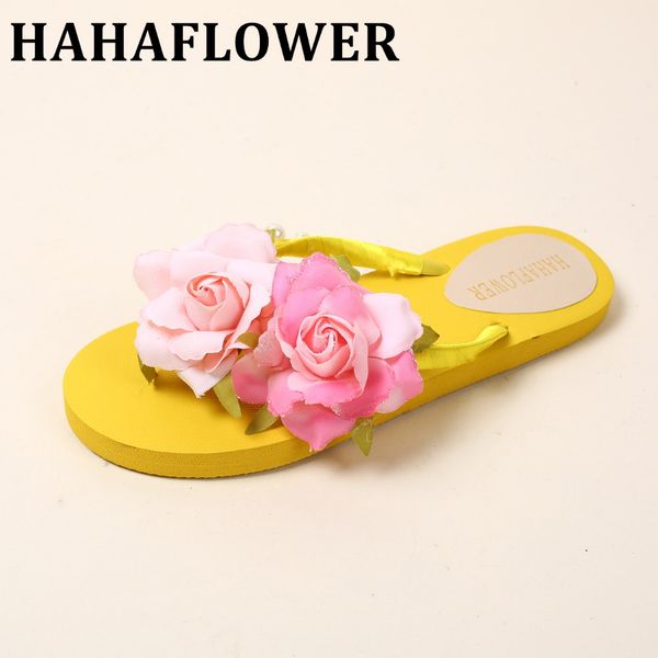 

hahaflower summer flower shoes woman sandals beach flat wedge flip flops lady slipper women beach slippers a26, Black
