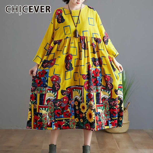 

chicever vintage patchwork dress for women o neck long sleeve geometric print loose oversized dresses female 2020 summer new, Black;gray